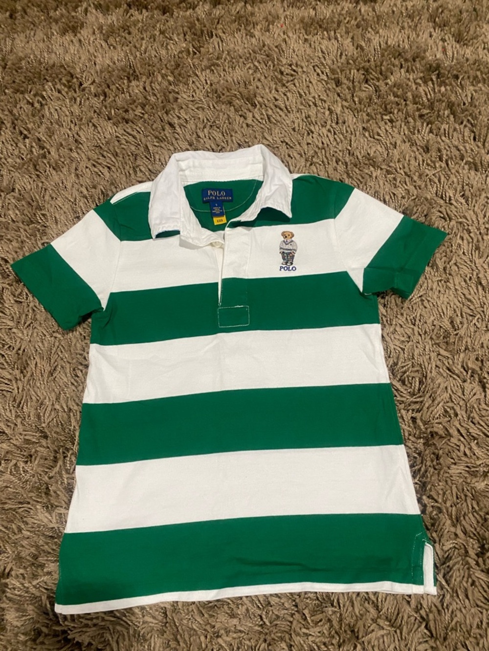 Polo by Ralph Lauren Green & White Striped Kids Polo Shirt with Bear Embroidery